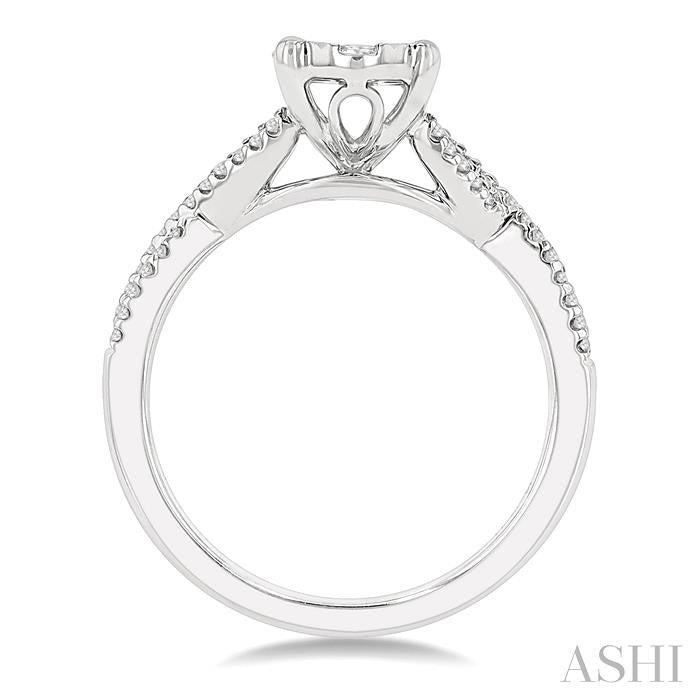 5/8 Ctw Oval Shape Center Split Criss Cross Shank Shine Bright Round Cut Diamond Engagement Ring in 14K White Gold