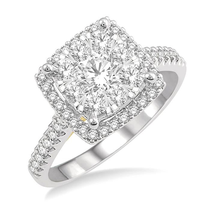 1 1/10 Ctw Round Diamond Shine Bright Halo Engagement Ring in 14K White and Yellow Gold