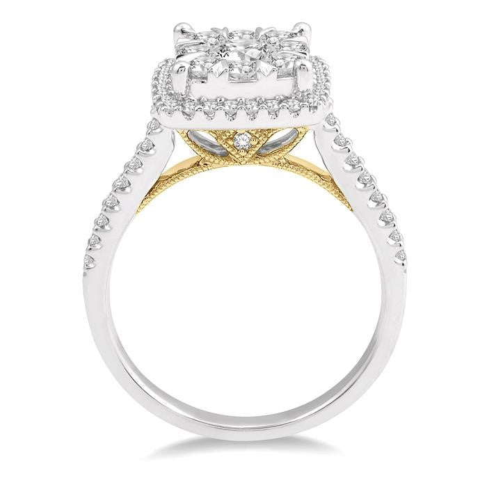 1 1/10 Ctw Round Diamond Shine Bright Halo Engagement Ring in 14K White and Yellow Gold