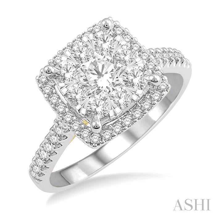 1 1/10 Ctw Round Diamond Shine Bright Halo Engagement Ring in 14K White and Yellow Gold