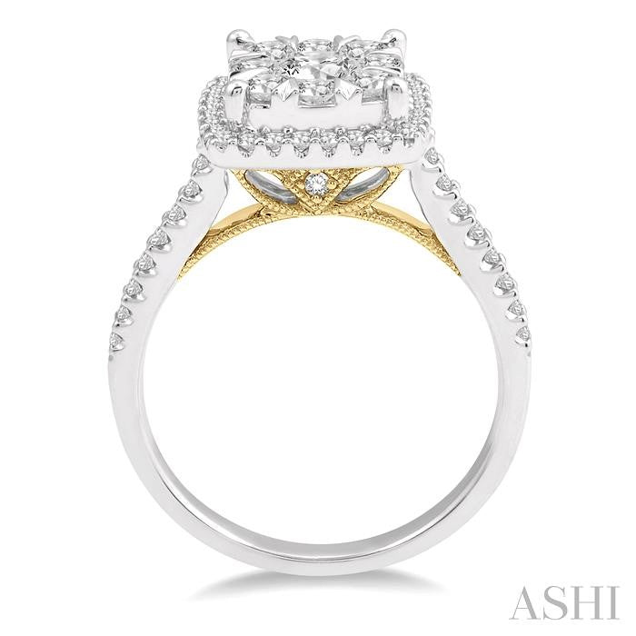 1 1/10 Ctw Round Diamond Shine Bright Halo Engagement Ring in 14K White and Yellow Gold