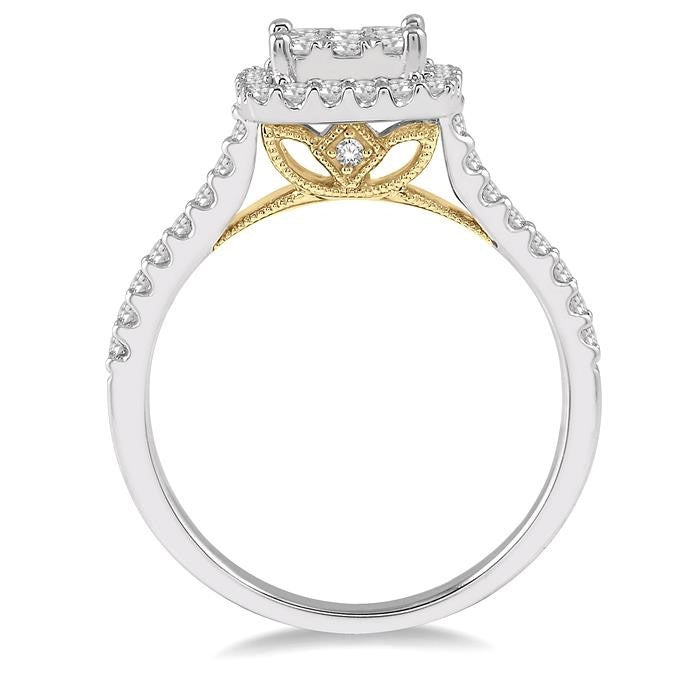 3/4 Ctw Round Diamond Shine Bright Halo Engagement Ring in 14K White and Yellow Gold