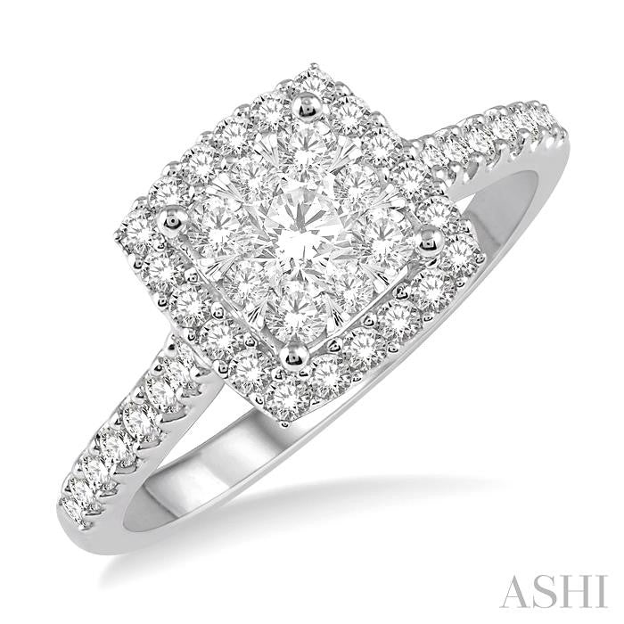 3/4 Ctw Round Diamond Shine Bright Halo Engagement Ring in 14K White and Yellow Gold