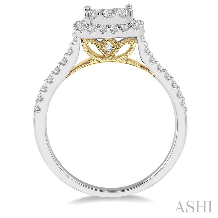 3/4 Ctw Round Diamond Shine Bright Halo Engagement Ring in 14K White and Yellow Gold