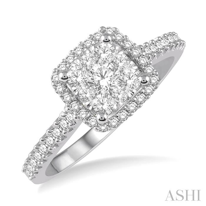 1/2 Ctw Round Diamond Shine Bright Halo Engagement Ring in 14K White and Yellow Gold