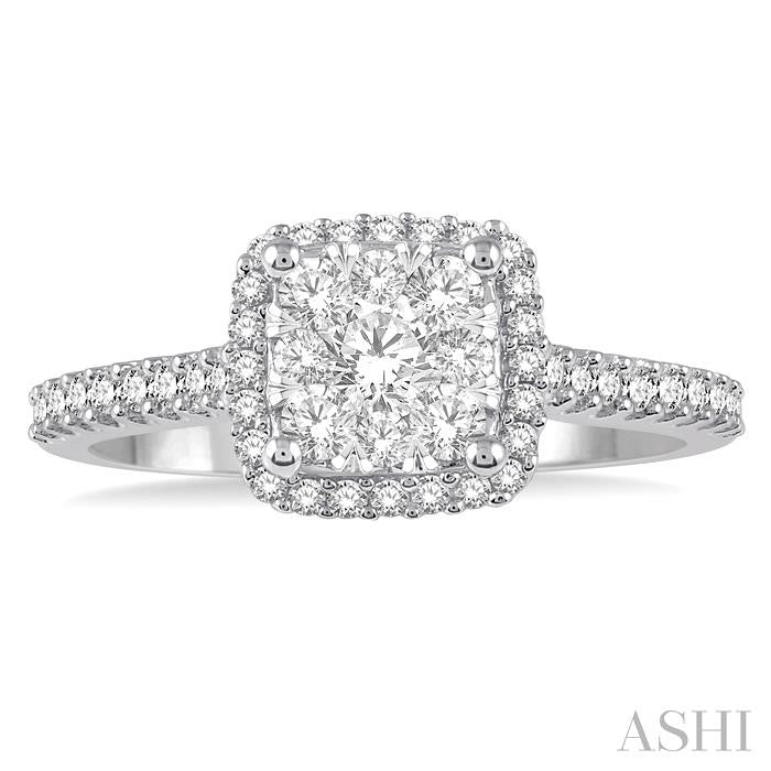 1/2 Ctw Round Diamond Shine Bright Halo Engagement Ring in 14K White and Yellow Gold