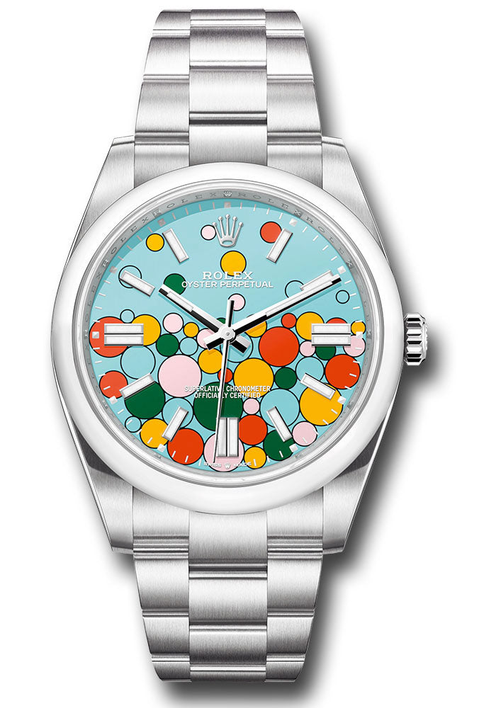 *Pre-Owned* Rolex Oystersteel Oyster Perpetual 41 Watch - Domed Bezel - Turquoise Blue Celebration Motif Index Dial - Oyster Bracelet
