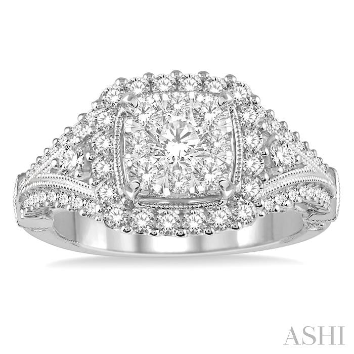 1 1/4 Ctw Round Diamond Lovebright Vintage Style Halo Engagement Ring in 14K White Gold
