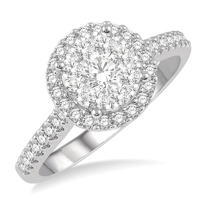 3/4 Ctw Round Diamond Shine Bright Halo Engagement Ring in 14K White and Yellow Gold