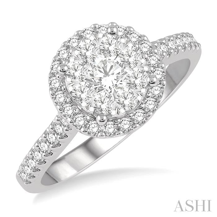 3/4 Ctw Round Diamond Shine Bright Halo Engagement Ring in 14K White and Yellow Gold