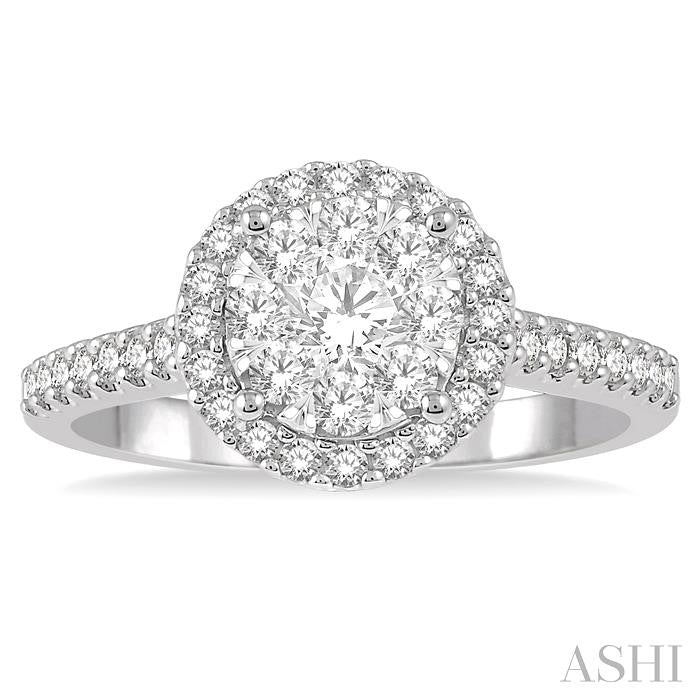 3/4 Ctw Round Diamond Shine Bright Halo Engagement Ring in 14K White and Yellow Gold