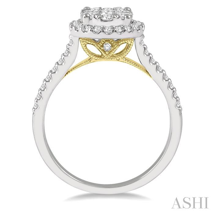 3/4 Ctw Round Diamond Shine Bright Halo Engagement Ring in 14K White and Yellow Gold