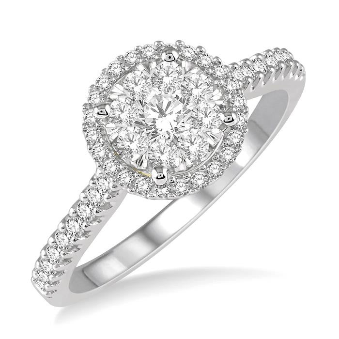 1/2 Ctw Round Diamond Shine Bright Halo Engagement Ring in 14K White and Yellow Gold