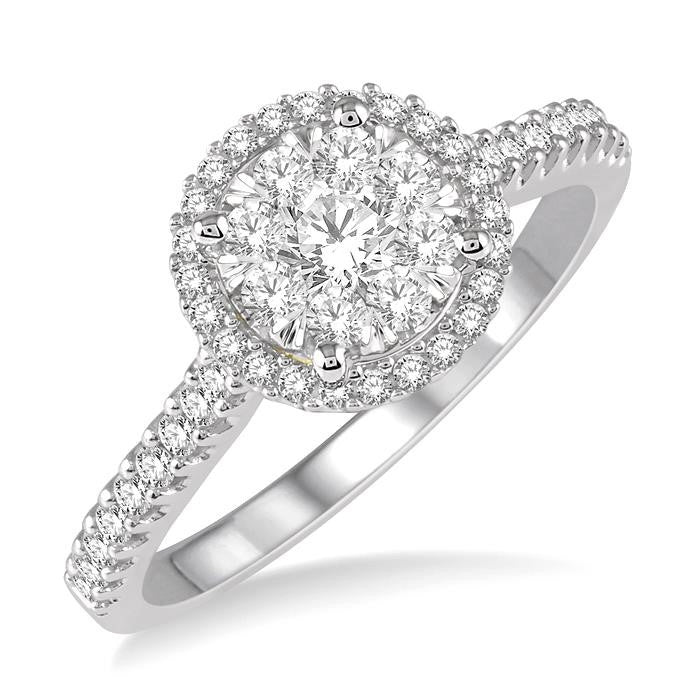 1/2 Ctw Round Diamond Shine Bright Halo Engagement Ring in 14K White and Yellow Gold