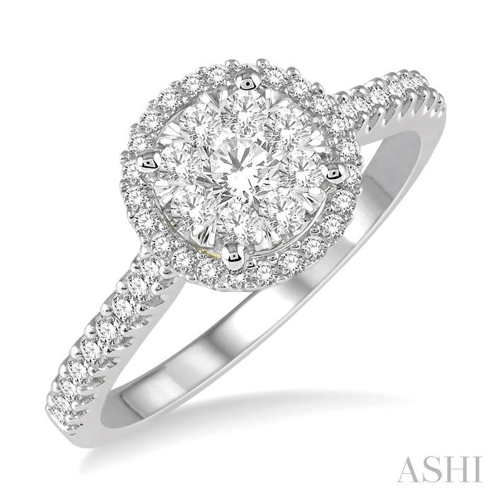 1/2 Ctw Round Diamond Shine Bright Halo Engagement Ring in 14K White and Yellow Gold