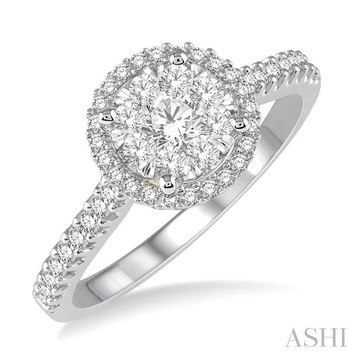 1/2 Ctw Round Diamond Shine Bright Halo Engagement Ring in 14K White and Yellow Gold