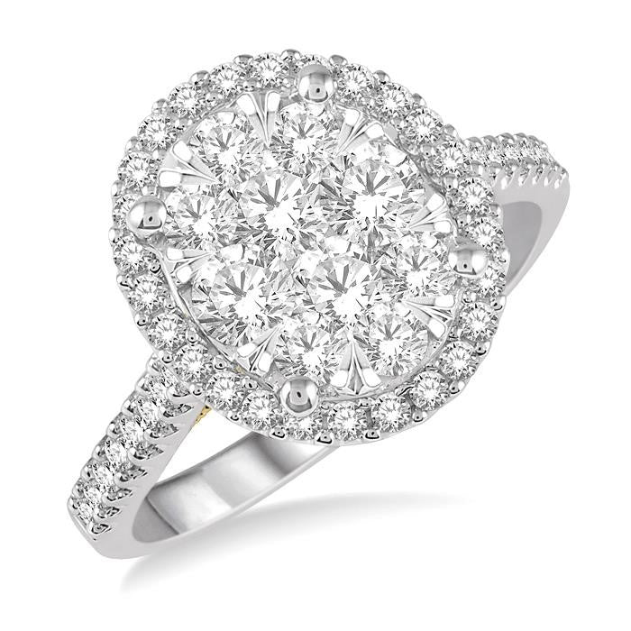 1 Ctw Round Diamond Shine Bright Oval Shape Halo Engagement Ring in 14K White and Yellow Gold
