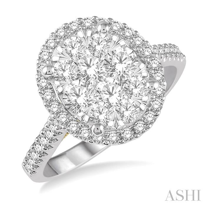 1 Ctw Round Diamond Shine Bright Oval Shape Halo Engagement Ring in 14K White and Yellow Gold