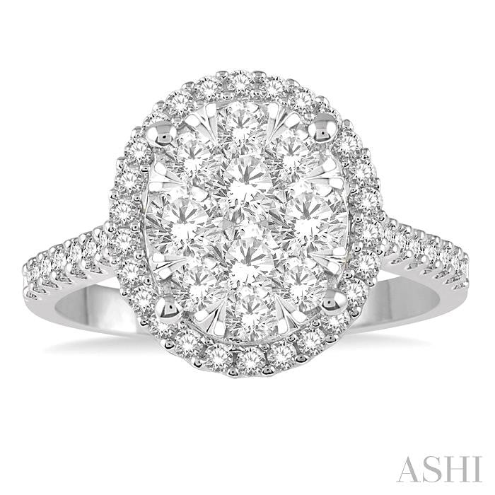 1 Ctw Round Diamond Shine Bright Oval Shape Halo Engagement Ring in 14K White and Yellow Gold