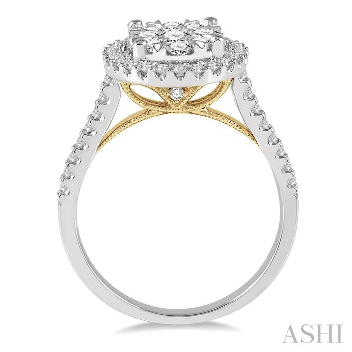 1 Ctw Round Diamond Shine Bright Oval Shape Halo Engagement Ring in 14K White and Yellow Gold