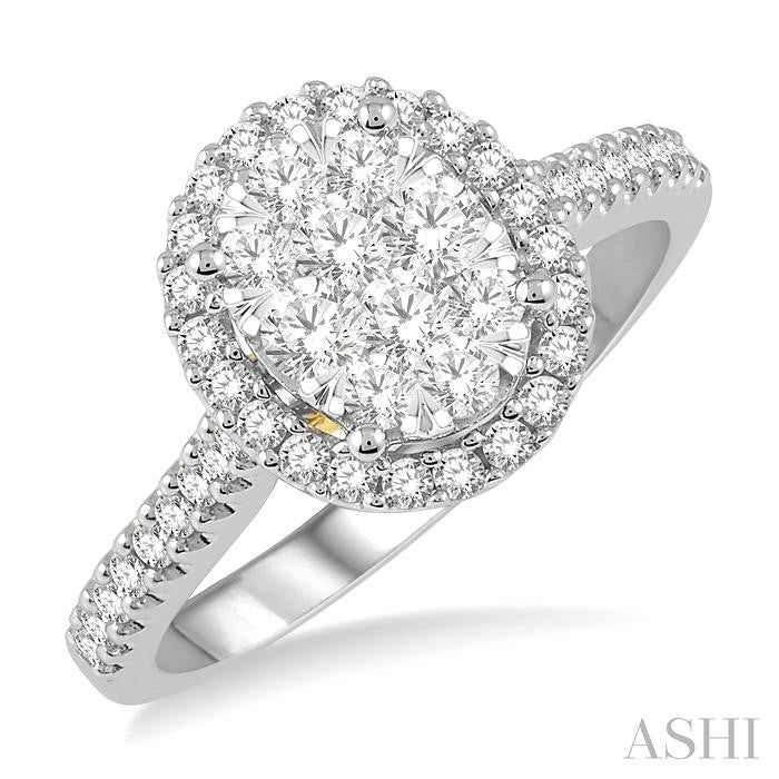 3/4 Ctw Round Diamond Shine Bright Oval Shape Halo Engagement Ring in 14K White and Yellow Gold