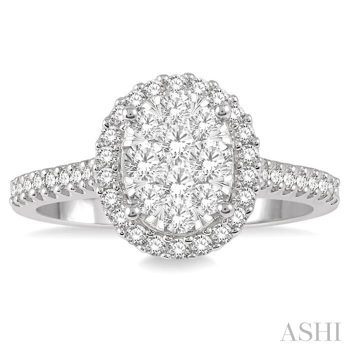 3/4 Ctw Round Diamond Shine Bright Oval Shape Halo Engagement Ring in 14K White and Yellow Gold