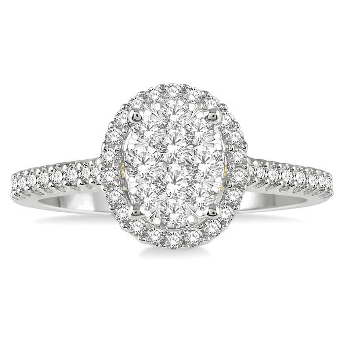1/2 Ctw Round Diamond Shine Bright Oval Shape Halo Engagement Ring in 14K White and Yellow Gold