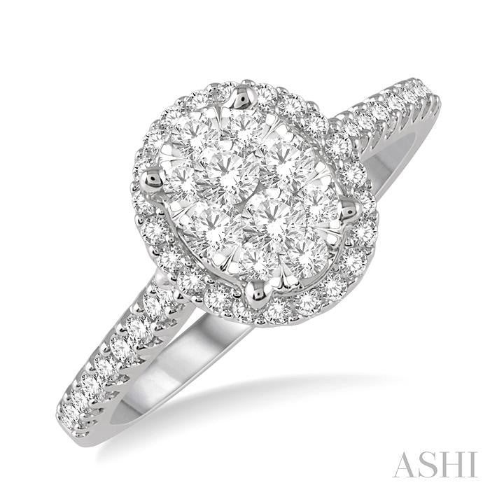 1/2 Ctw Round Diamond Shine Bright Oval Shape Halo Engagement Ring in 14K White and Yellow Gold