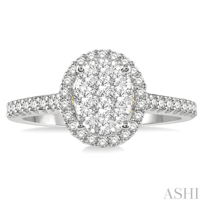 1/2 Ctw Round Diamond Shine Bright Oval Shape Halo Engagement Ring in 14K White and Yellow Gold
