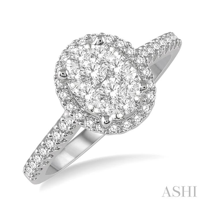 1/2 Ctw Round Diamond Shine Bright Oval Shape Halo Engagement Ring in 14K White and Yellow Gold