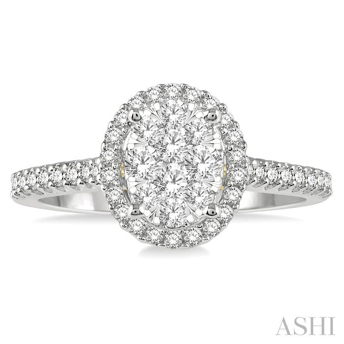 1/2 Ctw Round Diamond Shine Bright Oval Shape Halo Engagement Ring in 14K White and Yellow Gold
