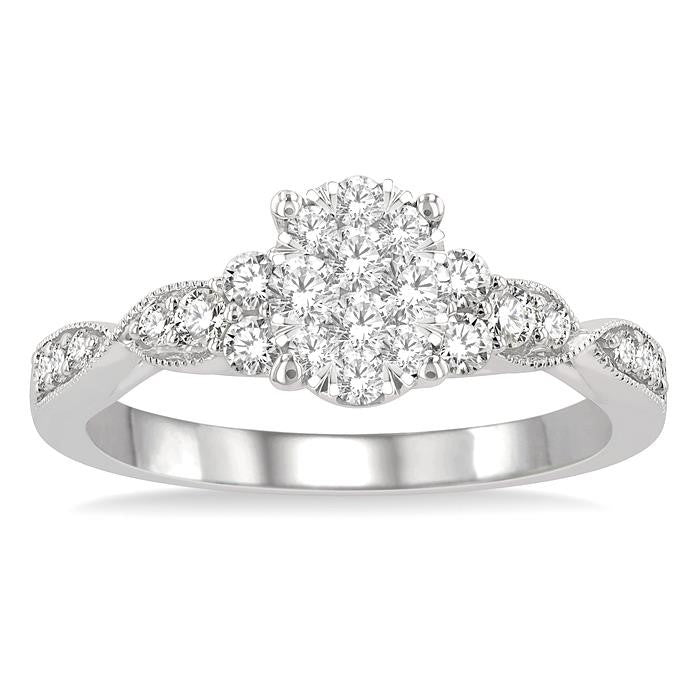 1/2 Ctw Oval Shape Center Criss Cross Carved Shank Shine Bright Round Cut Diamond Engagement Ring in 14K White Gold