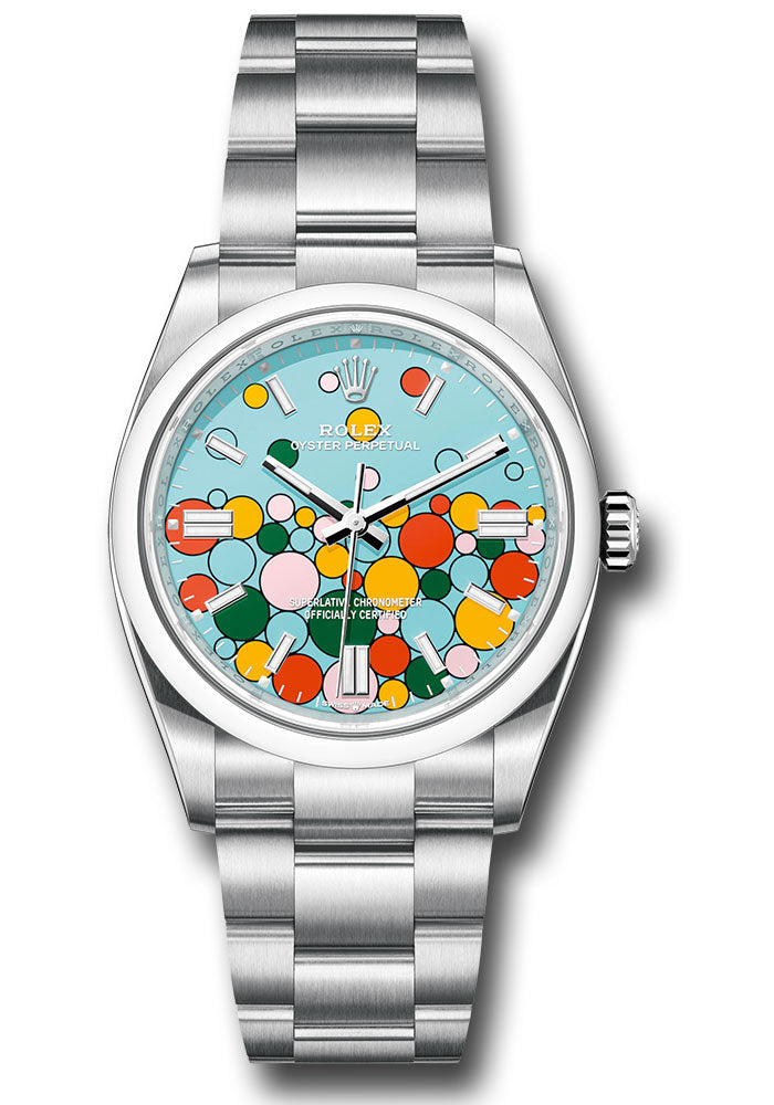 *Pre-Owned* Rolex Oystersteel Oyster Perpetual 36 Watch - Domed Bezel - Turquoise Blue Celebration Motif Index Dial - Oyster Bracelet