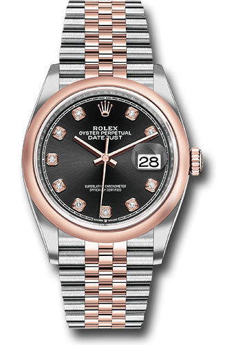 *Pre-Owned* Rolex Steel and Everose Rolesor Datejust 36 Watch - Domed Bezel - Black Diamond Dial - Jubilee Bracelet