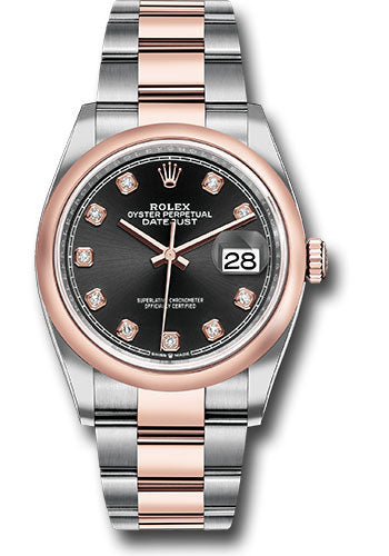 *Pre-Owned* Rolex Steel and Everose Rolesor Datejust 36 Watch - Domed Bezel - Black Diamond Dial - Oyster Bracelet