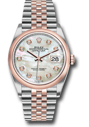 *Pre-Owned* Rolex Steel and Everose Rolesor Datejust 36 Watch - Domed Bezel - White Mother-Of-Pearl Diamond Dial - Jubilee Bracelet