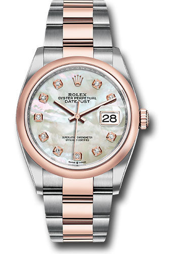*Pre-Owned* Rolex Steel and Everose Rolesor Datejust 36 Watch - Domed Bezel - White Mother-Of-Pearl Diamond Dial - Oyster Bracelet
