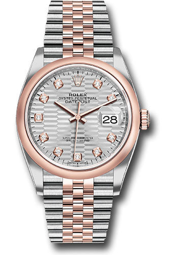 *Pre-Owned* Rolex Everose Rolesor Datejust 36 Watch - Domed Bezel - Silver Fluted Motif Diamond Dial - Jubilee Bracelet