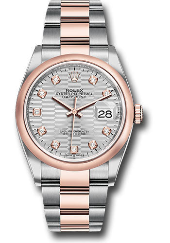 *Pre-Owned* Rolex Everose Rolesor Datejust 36 Watch - Domed Bezel - Silver Fluted Motif Diamond Dial - Oyster Bracelet