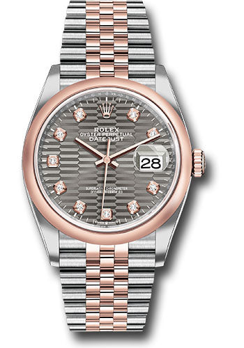 *Pre-Owned* Rolex Everose Rolesor Datejust 36 Watch - Domed Bezel - Slate Fluted Motif Diamond Dial - Jubilee Bracelet