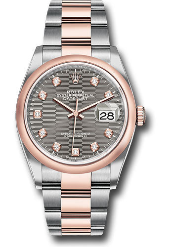 *Pre-Owned* Rolex Everose Rolesor Datejust 36 Watch - Domed Bezel - Slate Fluted Motif Diamond Dial - Oyster Bracelet