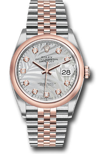*Pre-Owned* Rolex Everose Rolesor Datejust 36 Watch - Domed Bezel - Silver Palm Motif Diamond Dial - Jubilee Bracelet
