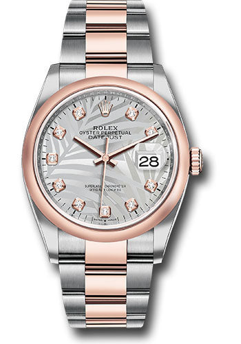 *Pre-Owned* Rolex Everose Rolesor Datejust 36 Watch - Domed Bezel - Silver Palm Motif Diamond Dial - Oyster Bracelet