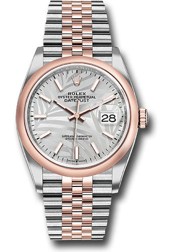 *Pre-Owned* Rolex Everose Rolesor Datejust 36 Watch - Domed Bezel - Silver Palm Motif Index Dial - Jubilee Bracelet