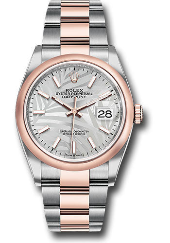 *Pre-Owned* Rolex Everose Rolesor Datejust 36 Watch - Domed Bezel - Silver Palm Motif Index Dial - Oyster Bracelet