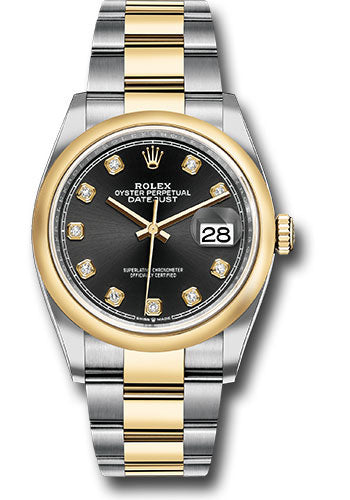 *Pre-Owned* Rolex Steel and Yellow Gold Rolesor Datejust 36 Watch - Domed Bezel - Black Diamond Dial - Oyster Bracelet