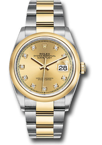 *Pre-Owned* Rolex Steel and Yellow Gold Rolesor Datejust 36 Watch - Domed Bezel - Champagne Diamond Dial - Oyster Bracelet