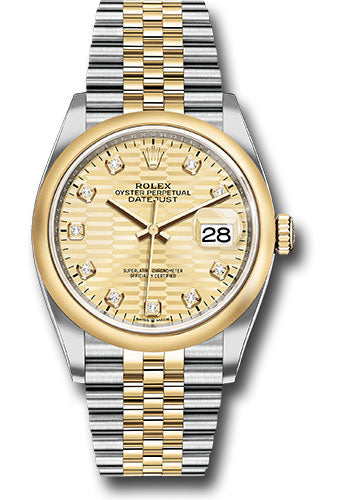 *Pre-Owned* Rolex Yellow Rolesor Datejust 36 Watch - Domed Bezel - Golden Fluted Motif Diamond Dial - Jubilee Bracelet