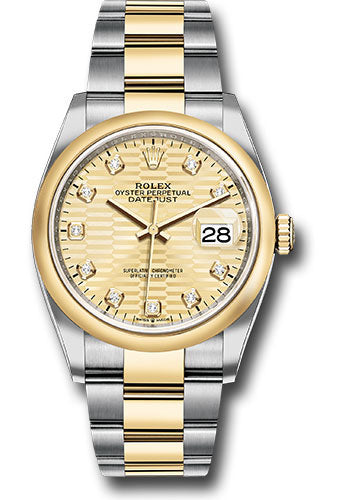 *Pre-Owned* Rolex Yellow Rolesor Datejust 36 Watch - Domed Bezel - Golden Fluted Motif Diamond Dial - Oyster Bracelet