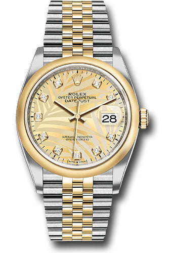 *Pre-Owned* Rolex Yellow Rolesor Datejust 36 Watch - Domed Bezel - Golden Palm Motif Diamond Dial - Jubilee Bracelet